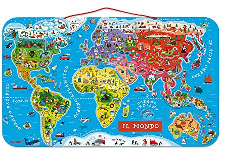 JANOD- Puzzle Magnetico Carta del Mondo in Legno, Planisfero Murale con 92 Pezzi Calamitati, Versione Italiana, Gioco Didattico a Partire da 7 Anni, Single, 70 x 43 cm, J05500