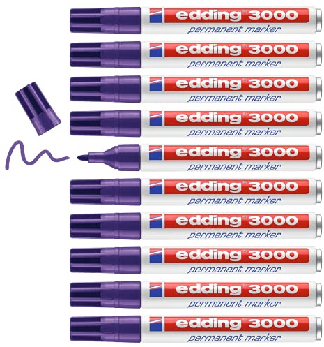 edding 3000 Permanentmarkör – lila (lila) – 10 pennor – rund spets 1,5–3 mm – snabbtorkande permanent markör – vattentät, torkbeständig – för kartong, plast, trä, metall – universalmarkörer