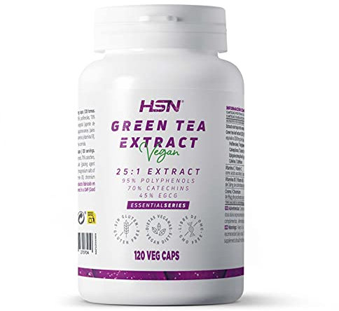 HSN Té Verde 500 Mg | Extracto 25:1 | Alta Concentración | Con 95% Polifenoles + 70% Catequinas + 45% Egcg | No-gmo, Vegano, Sin Gluten, Sin Lactosa | 120 Cápsulas Vegetales, color Blanco