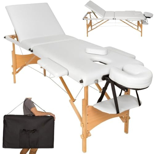 BAKAJI Lit de Massage avec Structure en Bois, Pliable, 3 Zones, Massage, physiothérapie, Spa, esthéticienne, Professionnel, Couleur Blanche, XL LUX avec Sac de Transport (Structure en Bois, Blanc)