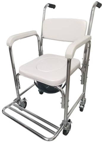 Silla de aluminio con inodoro y ruedas para WC y ducha | Reposapies Abatible y Bloqueo de las 4 Ruedas | Se Ajusta encima de casi todos los WC