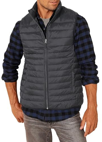 Amazon Essentials Chaleco Plumífero Plegable y Ligero, Resistente a la Lluvia Hombre, Negro, L