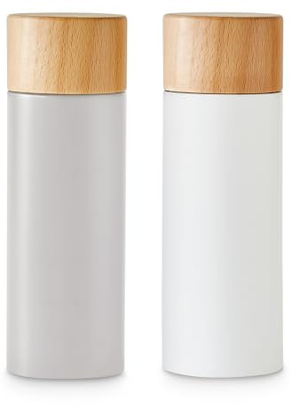 Salz- und Pfeffermühlen-Set 2-tlg., Gewürzmühle aus Birkenholz im Scandi-Design, Verstellbares Keramikmahlwerk, Grinder, Unbefüllt & Nachfüllbar - Grau/Weiß