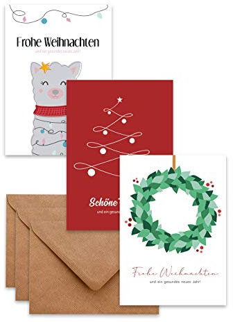 Weihnachtskarten mit Umschlag (15er Set) Mix (Kranz, Lama, Baum) – hochwertige moderne Klappkarten & Umschläge (Kraftpapier) – partielle Glanzlack-Veredelung/matte Oberfläche – einzigartiges Design