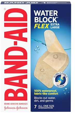 Band-Aid Brand Water Block Flex 100% Waterproof Adhesive Bandages for First-Aid Wound Care of Minor Cuts, Scrapes & Wounds, Ultra-Flexible Design, Sterile, Extra Large, 7 ct