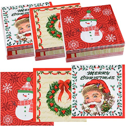 ASTARON 60 Stück Servietten Weihnachten, Weihnachtsservietten 3 Designs, Einweg-Cocktailservietten aus Papier, dekorative Weihnachtsservietten für Urlaub, Abendessen, Weihnachtsfeiern