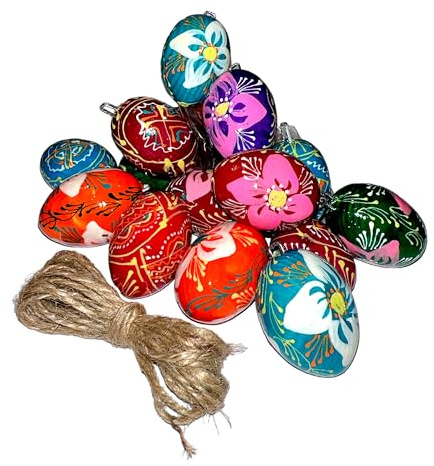 Handbemalte Kleine Holz Ostereier Bunt mit Blumen und Ornamenten – Set mit 15 Stück – Osterdeko zum Aufhängen mit Metallöse – traditionelle Handarbeit