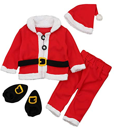 amropi Bambino Ragazzi Natale Babbo Cappotti e Pantaloni e Cappello e Calzini 4 Pezzi Caldo Set (Rosso e Bianco,2-3 Anni)