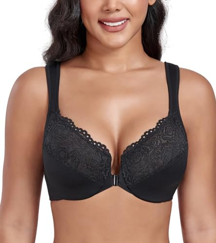 DotVol Women's Front Closure Wide Strap Underwire Bra Lace Plus Size U-Back Unlined Everyday Bra(Black,38DD)