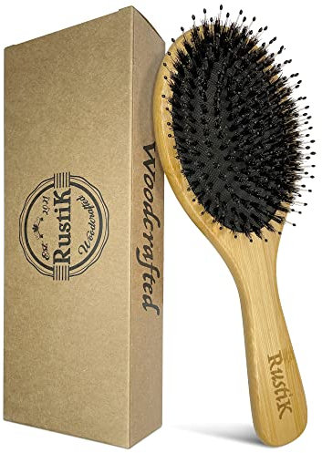Boar Bristle Oval Hair Brush by RustiK, Bamboo, Eco Friendly, Detangling, Nylon Soft Pin, Scalp Massaging, Anti Static, Paddle Brush, Woodcrafted For Men and Women.
