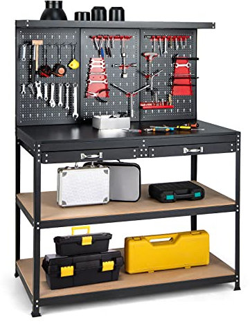 COSTWAY 121 x 61 x 156 cm Workbench with Pegboard, Metal Garage Work Bench with 2 Drawers & 25 Hanging Accessories, Heavy Duty Tool Storage Workstation Unit for Workshop Warehouse, 435kg Capacity