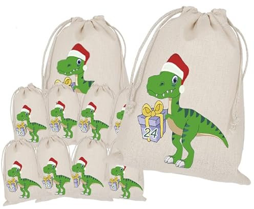 Adventskalender zum Befüllen, 24 Stoffbeutel, Bedruckt 20x15 Groß, Dino, Dinosaurier, Weihnachten Geschenksäckchen, Säckchen, DIY Selber Befüllen, Weihnachtskalender
