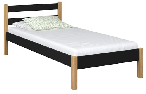 N-Wood N01-säng 80 x 180 cm, sängstol med ribbotten, multifunktionell enkelsäng för barn, ungdomar, seniorsäng, av ek, rundade kanter, högkvalitativa material, svart skylt