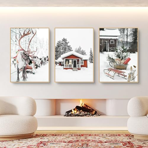 Herfair 3er Premium Poster Set, Moderne Natur Winter Weihnachten Elch Holzhaus Schneelandschaft Bilder,Leinwandbilder Wanddecor für Wohnzimmer Schlafzimmer Ohne Rahmen (A,50x70cm)