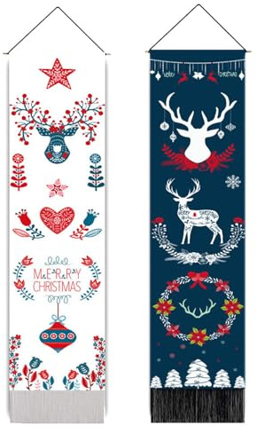 Odot Juego de 2 Navidad Tapiz Decorativo Pared, Feliz Navidad Murales Decorativos Pared, Tapiz Pared con Borlas, Tapiz para Colgar Estampado Navideño (Blanco+Marino)