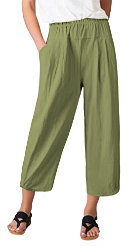 TOMEEK Pantalones de Lino Cómodos y Anchos 3/4 Con Bolsillos, Capri de Cintura Alta Elásticos de Algodón, Fluidos Para Verano, Ejército Verde, Talla XL