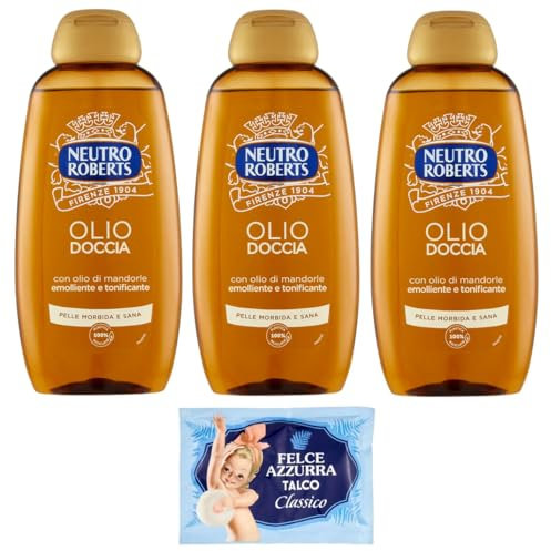 3er-Pack Neutro Roberts Olio Doccia con Olio di Mandorle,Duschöl mit Mandelöl,Erweichende und Tonisierende 250ml + 1er-Pack Kostenlos Felce Azzurra Talkumpuder, 100g-Beutel