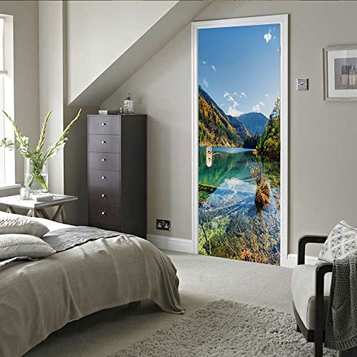 fototapete selbstklebend kinderzimmer 95x215cm(37.4 inches * 84.64 inches)Seen Berge und Flüsse Türfolie Selbstklebend 3D Türposter, Wandbild, Abnehmbare, für Wohnzimmer Tür, Küche, Schlafzimmer, Bad