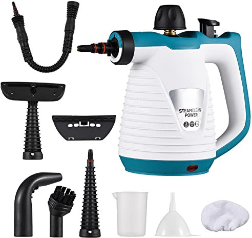 Limpiador de vapor de mano portátil versátil, 1050 W, presión de vapor, 3,5 bar máximo, 450 ml, 9 accesorios, boquilla de vapor orientable a 360 °limpia para coche, cocina, salas, baño suelos limpia