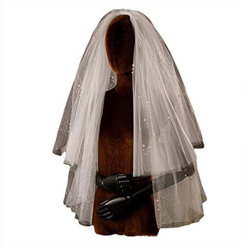 ZSYTF Brautschleier Glitzer mit Kamm, durchscheinender Tüllschleier mit Perlen, 2 Ellenbogenlänge, Schnittkante, Brautschleier, Hochzeit, Teeparty, Schleier, weiß, 65CM-85CM