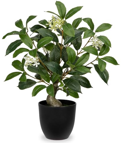 Arborus Kunstpflanze im Topf Künstlicher Lorbeerbaum 42 cm Künstliche Pflanze wie echt im Schwarzen Topf Kunstpflanze mit Lorbeerblumen Grünpflanze für Tisch Deko im Wohn Bad Büro