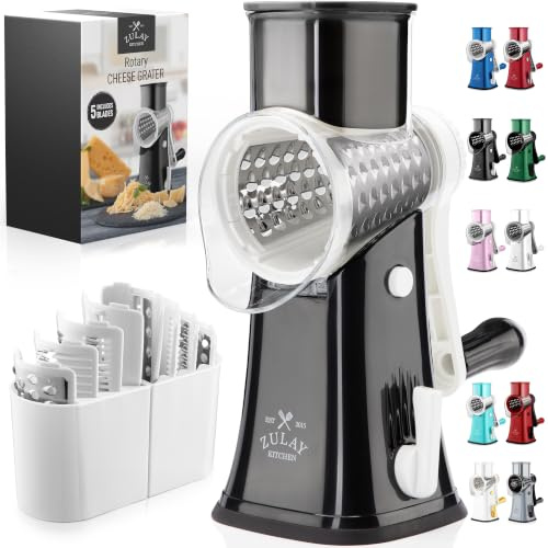 Zulay Kitchen - Râpe à fromage rotative à 5 lames - Râpe à fromage manuelle avec manivelle et aspiration renforcée & 5 tambours interchangeables - Facile à utiliser, hachoir à légumes, mandoline ronde