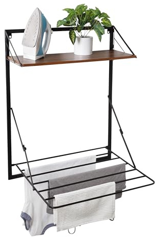 Honey-Can-Do Wall-Mount or Over-The-Door Compact Collapsible Drying Rack with Extra Shelf, Black & Walnut