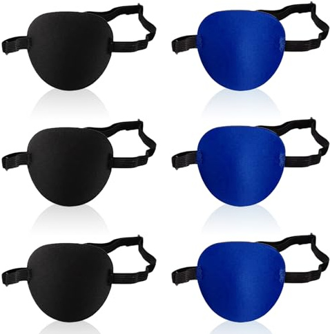 UILYNIU 6 Stück Augenklappen, Einzelne Augenklappe, Augenklappe für Kinder und Erwachsene Verstellbare Augenklappe, Verstellbare Piraten Augenklappe für Täglicher Gebrauch (Schwarz, Blau)