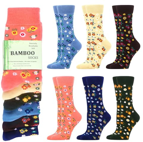 WeciBor Women's Bamboo Breathable Soft Seamless Crew Socks, 6 Pairs Multicolor Flowers, Size 4-7