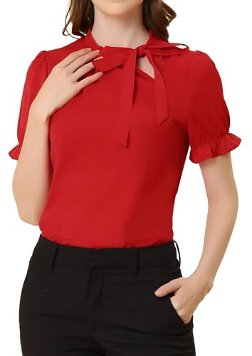 Allegra K damer sommar elegant blus 50-talet med rosett slip-blus festliga blusar kortärmad panel fluga hals volanger topp, röd, XXL