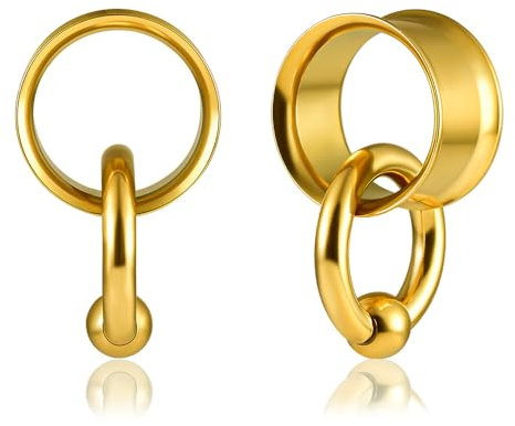 Vankula Ohr Tunnel 1 Paar Double Flared Flesh Plugs mit Creolen Edelstahl für männer damen Ohrpiercing Gestreckte Schmuck 8mm(0G) Gold