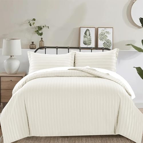PRIME LINENS 3 Piece Duvet Cover Set Satin Stripes Quilt Cover Bedding Sets with Pillowcases Hotel Quality Ultra Soft Hypoallergenic Machine Washable (Cream, King)