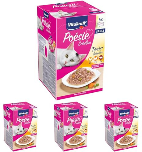 Vitakraft Poésie Création, Tender Selection, Katzenfutter nass, mit Fleisch, in Sauce, für ausgewachsene Katzen, ohne Zusatz von Zucker und Getreide (1 Paket mit 6X 85g) (Packung mit 4)