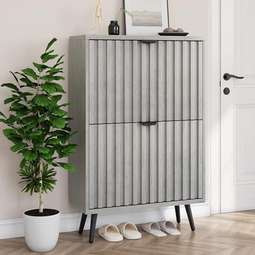 Smuxee Schuhschrank mit 2 Klappfächern, 60 cm Grauer Schuhschrank mit geriffeltem Design, freistehender Schuhorganizer für Flur, Diele, Wohnzimmer oder Kleiderschrank