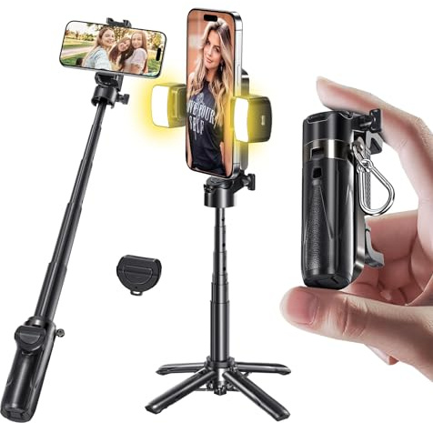 MAGIC JOHN Phone Tripod, Portable Selfie Stick, Pocket Size Tripod for iPhone, Selfie Stick with Detachable Remote Control & 2 Fill Light for Photograph, Live Streaming, Video Recording