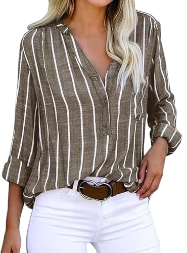 Generico Camicie Donna Estive,Camicette Donna Eleganti Scollo A V Manica Lunga con Bottoni Bluse A Righe Vintage Comodo Leggero Larghi Casual Camicetta da Lavoro