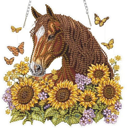 DOMROM Pferd Diamond Art Painting Anhänger, Sonnenblumen Diamond Painting Fensterbilder Anhänger, Tier Diamant Hängende Ornament für Kinder Erwachsene Diamant Malerei Basteln Tür Wand Fenster Deko