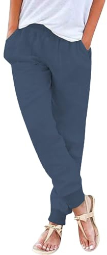Womens Cotton Linen Trousers Elastic Waist Tapered Pants with Pockets Lightweight Comfortable Casual Trousers Teen Girls Cuffed Lounge Bottoms
