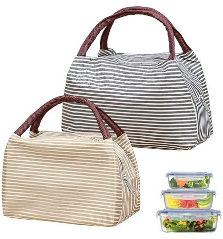 AMONENZ 2 Stück Thermotasche Klein, Schwarz und Khaki Lunchbox Tasche | Tragbar Isolierte Lunchtasche, Faltbar Lunch Kühltasche , für Schule, Büro, Picknick, Reise