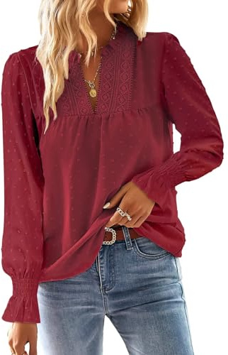TUUHAW Langarmshirt Damen Boho Bluse Elegant Top Oberteile V-Ausschnitt | Fließend Elegant, T Shirt Süß, Lässig Outfits, Frühling Winter Herbst, Longshirt Spitze Kleidung, Paspel Volant