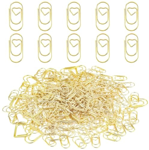 130 stycken guld hjärta pappersklämmor sats, små bokmärken gem transparent låda litet gem oval motiv, för kontor, skola, klassrum