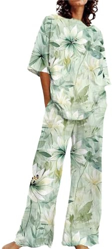Uwdiohq Abiti Estivi per Donna 2 Set di Lino in Cotone T-Shirt Oversize Pantaloni A Gamba Dritta Tuta Taglie Forti Camicia da Notte Elegante (Mint Green, XXXXXL) Pigiama Lungo Pigiami Taglia 56