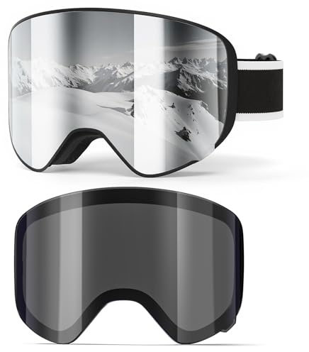 EasYoung Occhiali da sci con 2 lenti, occhiali da snowboard per bambini, ragazzi e ragazze, occhiali da sci con lente magnetica, protezione UV, anti-appannamento, casco compatibile per sci