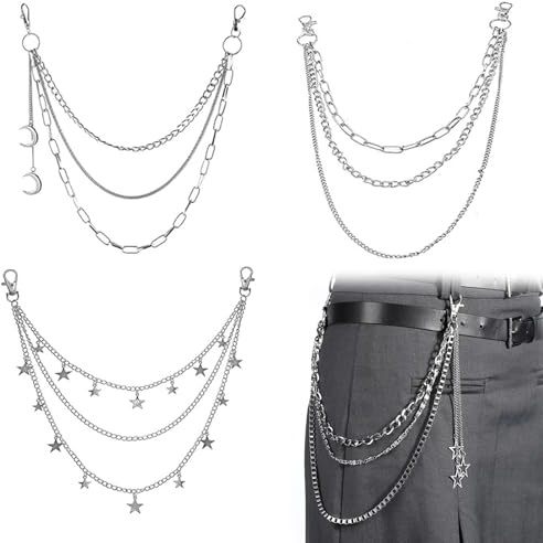 EUREKORA 4 Stück Hosen Kette Hip Hop Schlüsselkette Punk Gürtel Kette Hosenkette für Damen Männer für Geldbörse Tasche Gürtel Jeans Hosen Schmuck (Silber)