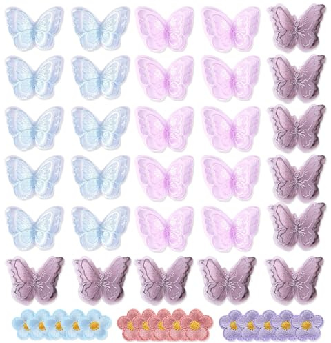 JNYUTEEN 30 Stück Spitze Schmetterling Applikation und 15 Stück Blumen Patches zum Aufbügeln, Doppellagige Schmetterling Applikation Stickerei Spitze Organza Applikation für DIY Nähen