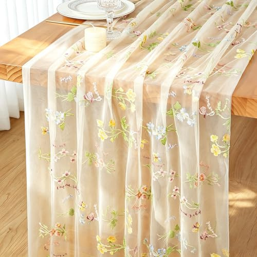 Käsetuch Tischläufer Blumen 75X300cm Hochzeitsdekor Tüll Tischläufer | Tischdecke Chiffon Sommer Tischdeko Gaze Käsetuch Küche Tisch Dekoration Spitze Table Runner für Hochzeit Party Geburtstag