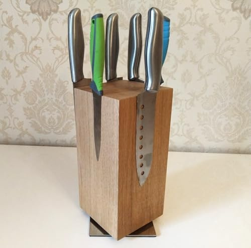 360°Drehbarer Messerblock onhe Messern, magnetisch Eicheh Holz, Messerständer, Messer Halter Küche, Messeraufbewahrung Holz, Küchen Organizer Messer(Eiche)