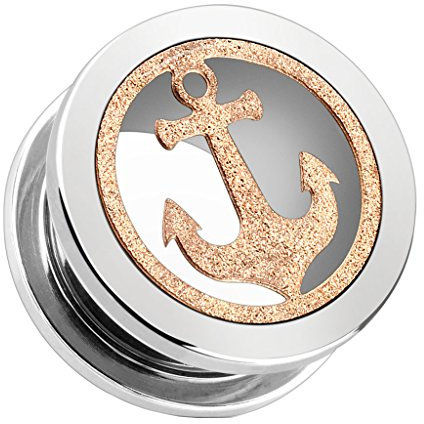 Piercingfaktor Flesh Tunnel Ohr Piercing Plug Ohrpiercing Schraub Ear Edelstahl Schraubverschluss Rosegold Anker Inlay Rose Gold Silber 12mm