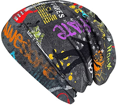 Wollhuhn ÖKO Long-Beanie, Wende-Mütze, ganzjährig, Cool Stuff dunkelgrau, Innenseite Uni grau, Jungen und Mädchen (aus Öko-Stoffen, Bio), 20170308, Größe M: KU 52/54 (ca 3-7 Jahre)