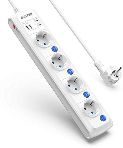 BESTEK 2000J Multipresa Elettrica 4 Prese, Ciabatta Elettrica 2 USB con 4 Interruttori Indipendenti Protezione Anti-fulmine Protezione da Sovratensione, 3600W/16A-Cavo 1.8m, Bianco
